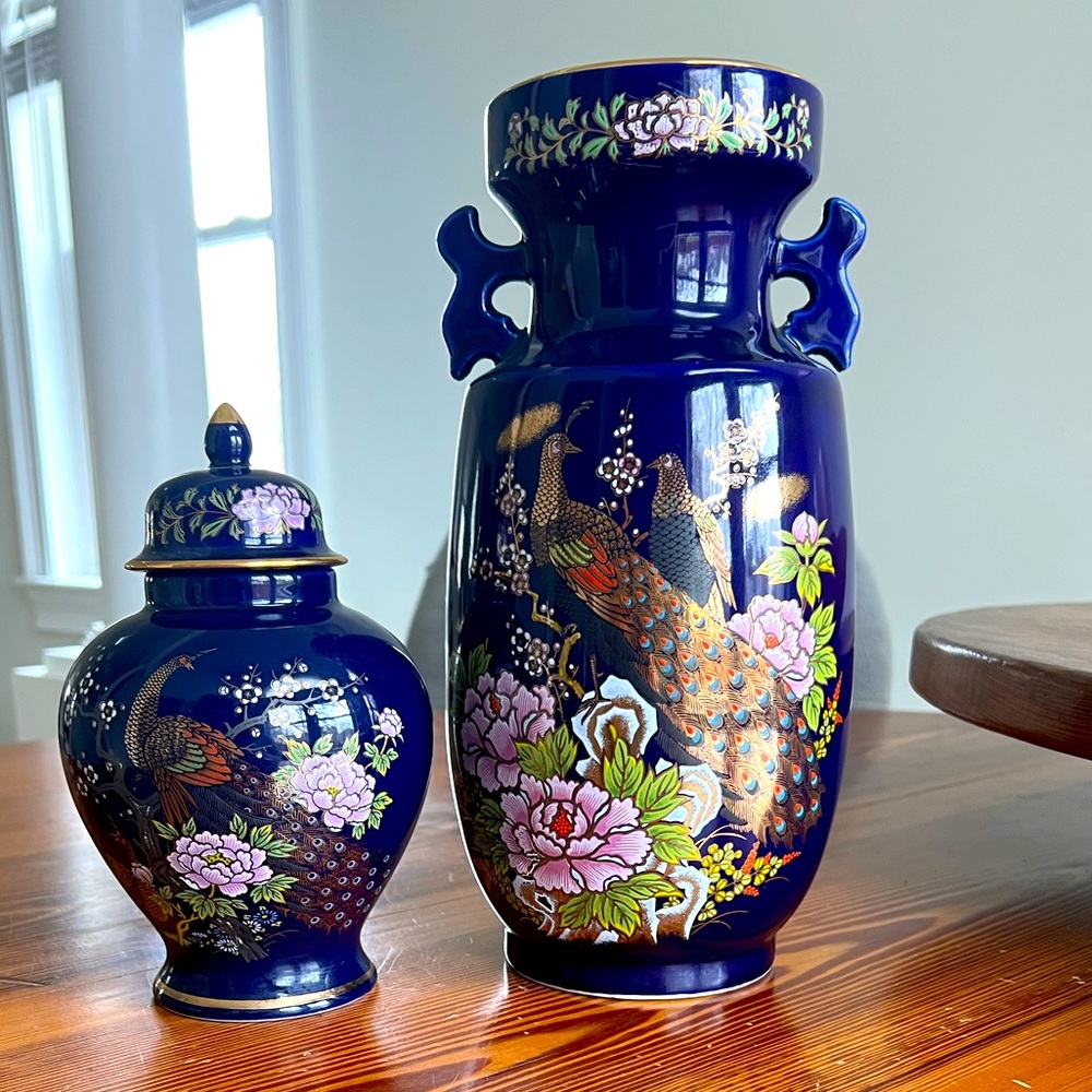 Vintage Japanese Ceramics - Cobalt Blue Peacock & Floral